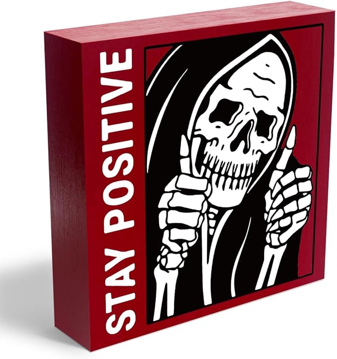 Gothic Skull Decor - Stay Positive Skulls Sign for Home Office Desk Accessories - 5 x 5 Inches (Red)