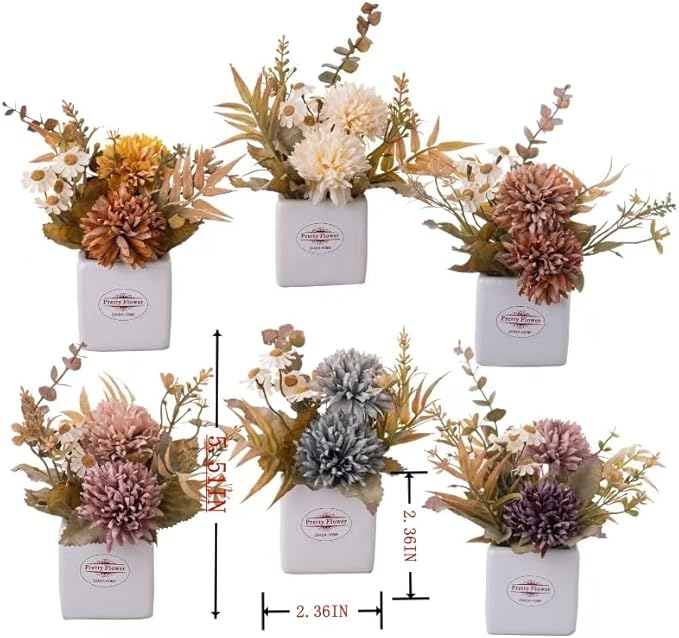 6PCS Artificial Fall Flowers with Ceramic Vases – Multicolor Small Fake Chrysanthemums & Daisies with Pot for Autumn Home Decor – Table Centerpieces for Kitchen, Mantel, Entryway or Tiered Tray