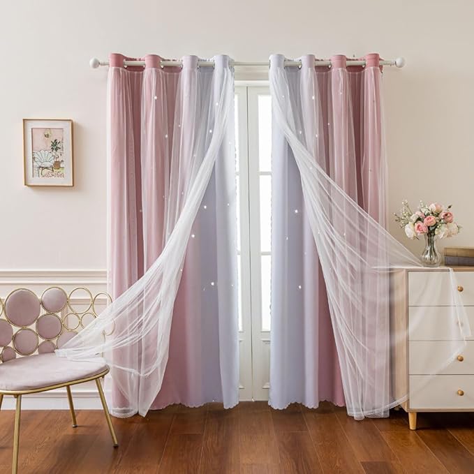 FANLI 84 Length Star Blackout Curtains for Kid Girls Bedroom Ombre Rainbow Darking Double Layer Star Cut Out Wall Home Decor Gradient Grommet Window Curtains (Pink White 84L)