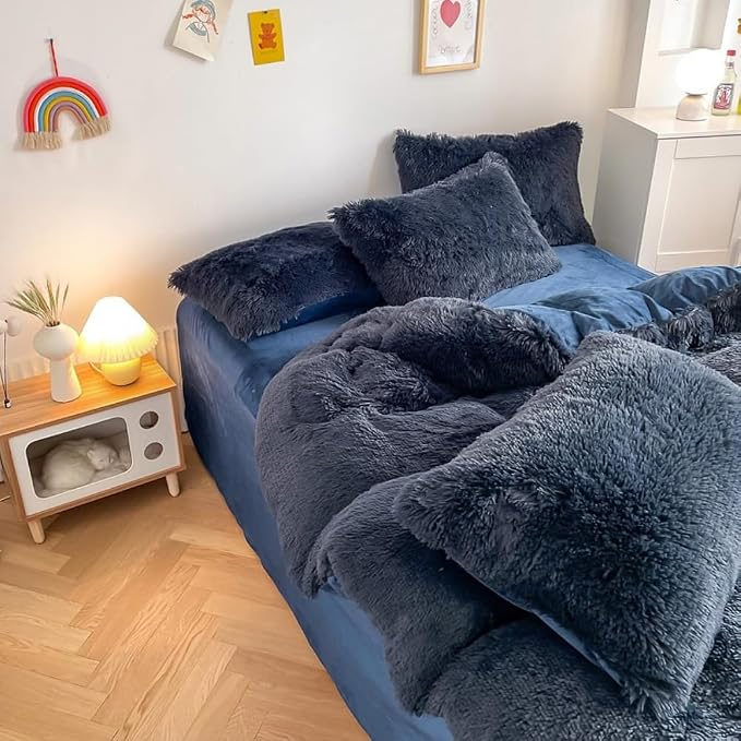 chovy Faux Fur Plush Navy Blue Comforter Sets Queen - Ultra Soft Shaggy Flannel Velvet Fluffy Fuzzy 3PC Bedding Set (Comforter x 1 Pillowcases x 2)