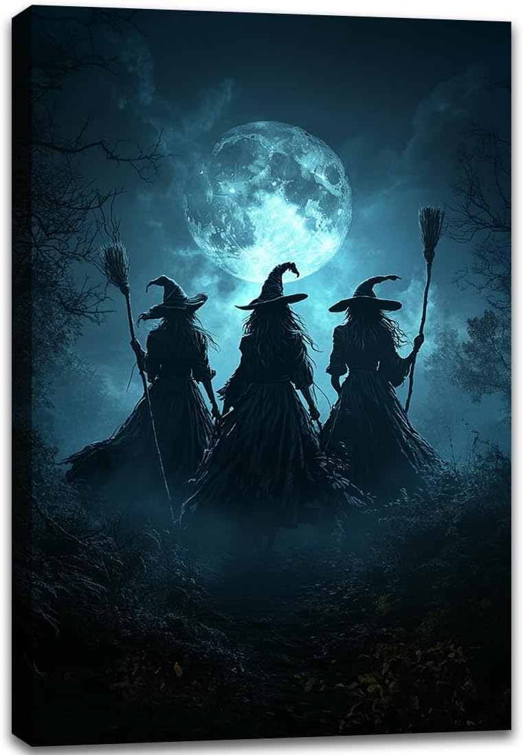 Moonlight Witches Halloween Canvas Art Picture,Three Witches on Broom in Forest Painting Print Gothic Decor,Halloween Witch Poster Witchy Room Aesthetic Bedroom Home Decorations,16"x24" Framed