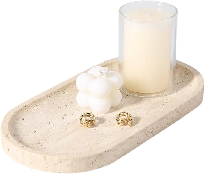 Koville Natural Marble Tray for Bathroom Counter, 10" x 5" Travertine Marble Storage Trays for Perfume, Cosmetics, Jewelry, Vanity Tray Stone Trays for Home, Decorative Tray for Dresser Organizer