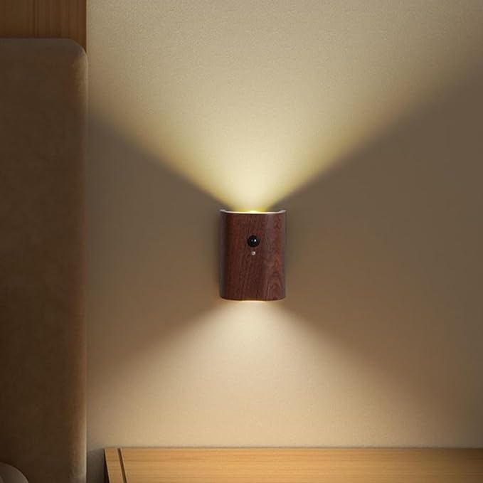 gernie 2Pcs Motion Sensor Night Light, USB Rechargeable Magnetic Wall LED Light Wooden Motion Sensor Stairway Night Light for Bathroom, Hallway, Stairs, Bedroom, Kitchen