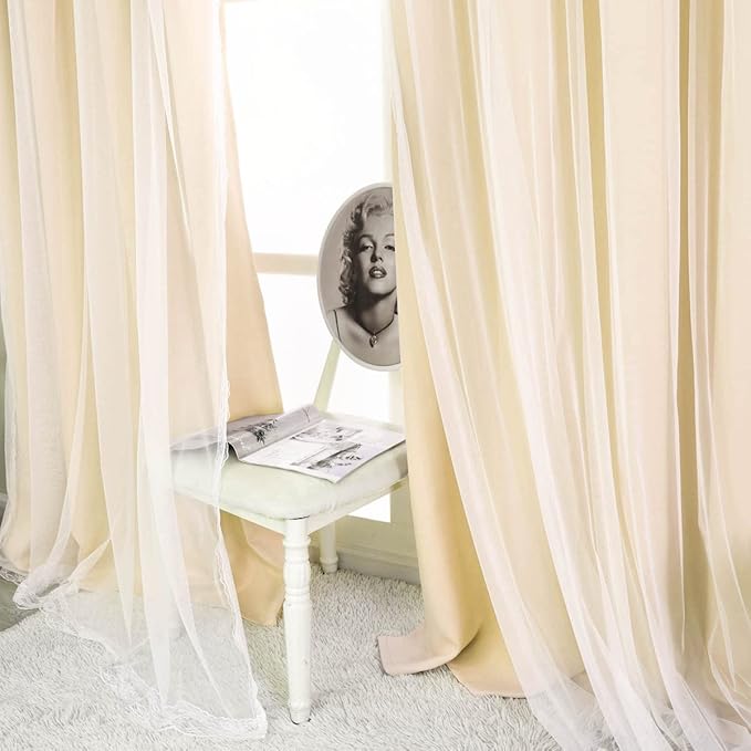 Blackout Curtains Set - Farmhouse Mix & Match Sheer Light Blocking Drapes Beige Window Treatments with Tie-Backs for Living Room, Bedroom 52 x 84 inches, Biscotti Beige, 2 Pieces