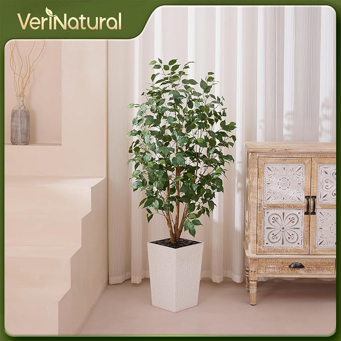 VeriNatural 5ft Artificial Ficus Tree,Tall Faux Tree with Pebbles & Planter UV Resistant Potted Fake Plant with Silk Leaves & Real Wood Trunk,Indoor Outdoor Floor Plant for Home,Living Room,VN129