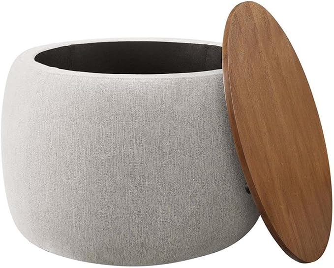 Modway Perla 26 Inch Round Storage Ottoman with Tray Lid in Ivory Fabric -Heathered Fabric Ottoman - Versatile Footrest - Woven Coffee Table - Side Table - for Living Room