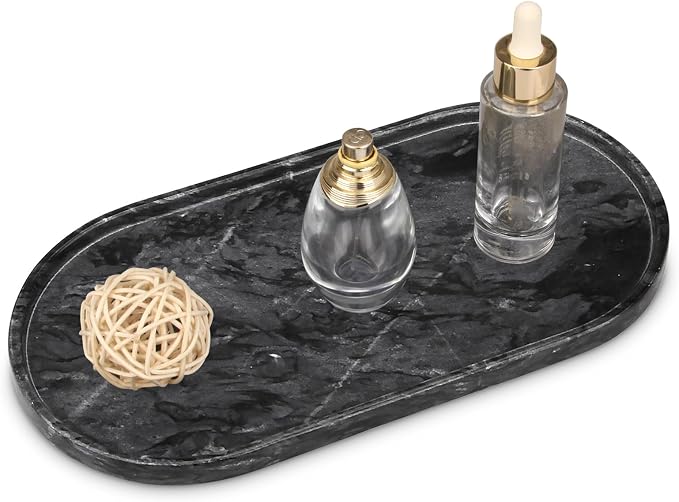 Oval Marble Bathroom Vanity Tray, Natural Luxury Marble Home Kitchen Bathroom Table Tray, Stone Decorative Countertop Tray for Coffee Perfume Jewelry (Dark Grey, 12" x 6" x 0.8")