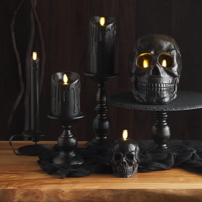 Luminara Black Wax Drip Flameless Candle LED Battery Operated Moving Flame Lights Pillar Unscented Real Wax with Dripped Edge, Timer (3 x 6.5 inch)