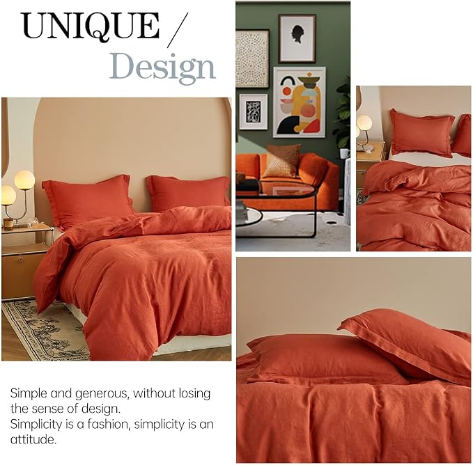 Simple&Opulence 100% Linen Duvet Cover Set 3pcs Basic Style Natural French Washed Flax Solid Color Soft Breathable Farmhouse Bedding with Button Closure - Brick Red, King