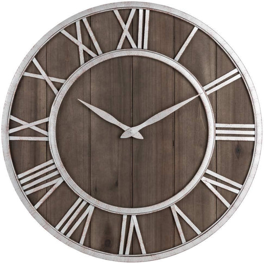 Oldtown Farmhouse Metal & Solid Wood Noiseless Wall Clock (Dark Brown, 24-inch)