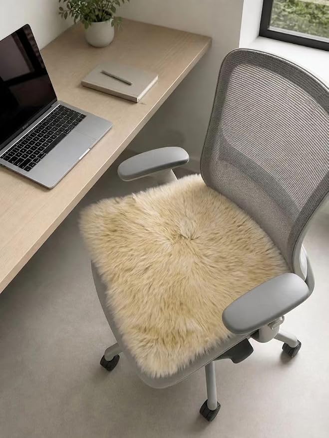 Sheepskin Chair Cushion Non-Slip Back Square Genuine Fur Chair Cover Silky Natural Wool Seat Cushion Pad Soft Area Rugs Carpet for Home Office Restaurant Chair 18x18 Inch (Pack of 2), Khaki Camel