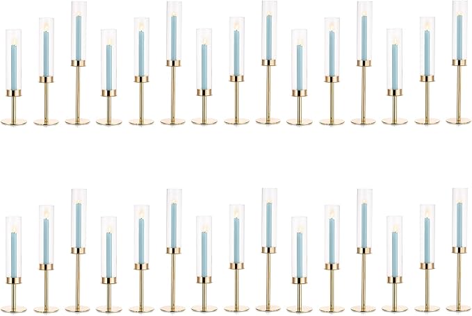 Gold Candle Holders for Candlesticks - Taper Candle Holders with Removable Glass, Tall Brass Candlestick Holders, Candle Stand Candle Sticks Long Holder for Table Centerpiece, Wedding, 30Pcs