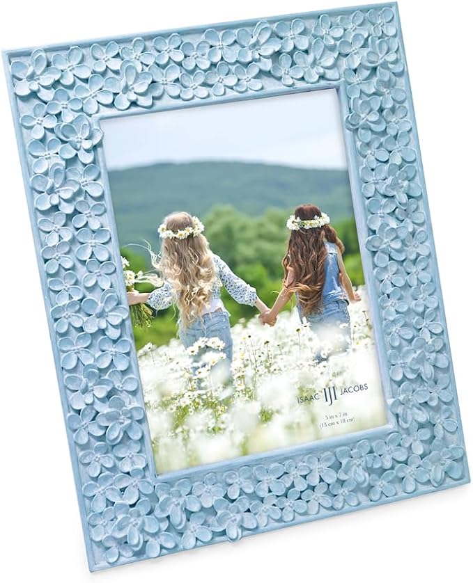 Isaac Jacobs 5x7 Blue Flower Textured Hand-Crafted Resin Picture Frame w/Easel & Hook for Tabletop & Wall Display, Decorative Floral Design Home Décor, Photo Gallery, Art (5x7, Blue)