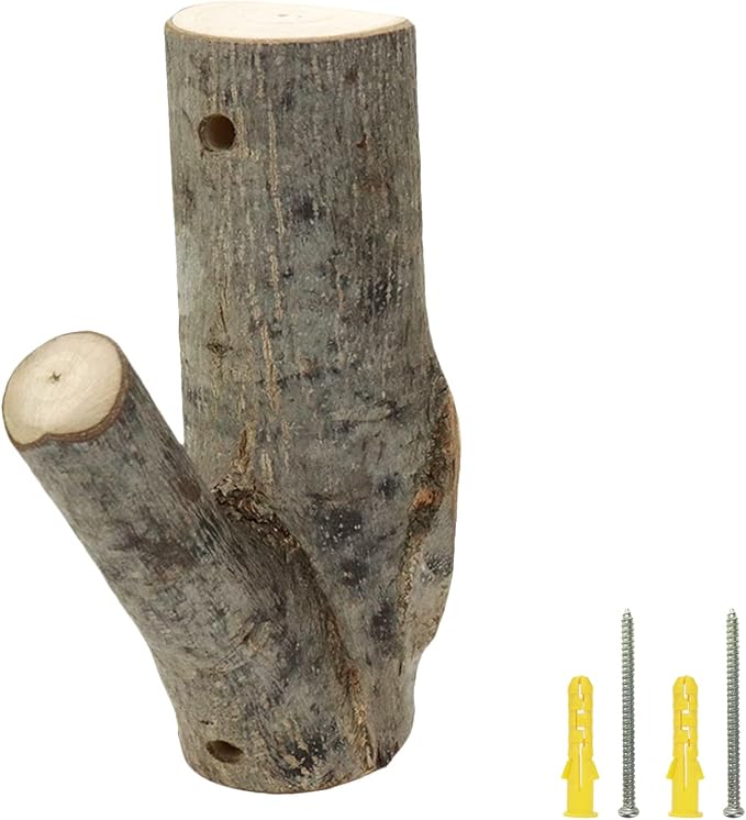 2Pcs Real Wood Tree Branch Wall Hook, Thickness 4cm-5cm with Screw | Farmhouse Rustic Decorative Wooden, with Bark Trunk