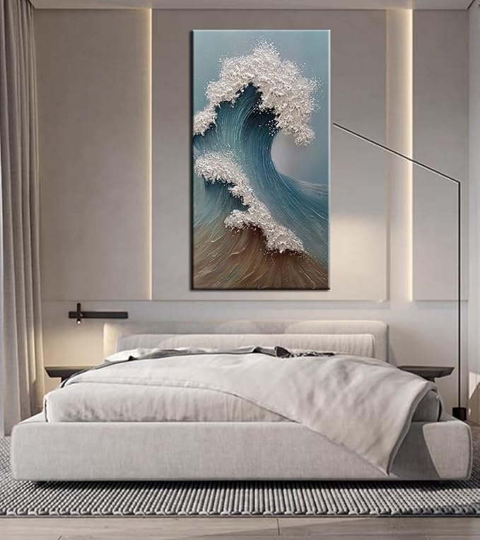 YaSheng Art : Large Abstract Wall Art, 3D Ocean Wave Canvas Wall Art, Hand-Painted Textured Seascape, Wall Art for Living Room Framed Ready to hang 24 x 48 inches