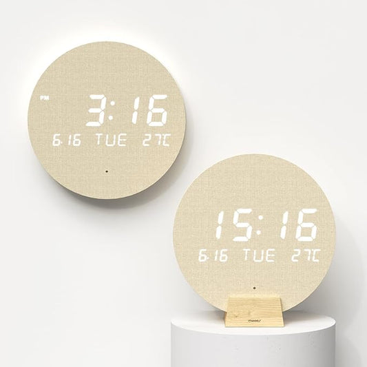 mooas Wood Moon Cordless Mini Digital LED Wall Clock, Date, Temperature, Auto Brightness, Digital Wireless Wall Clock Modern Minimalist Décor for Office Livingroom Bedroom, Wall Mount/Wooden Stand