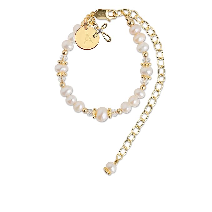 Cherished Moments 14K Gold-Plated Personalized Cherished Babe to Bride Cross Bracelet Gift for Infant Baby Dedication or Baptism with Cultured Pearls and with Initial Charm