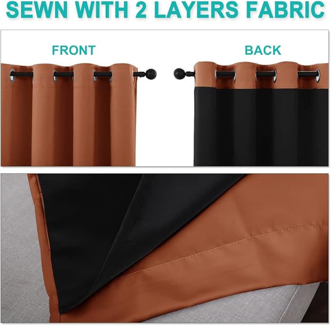 NICETOWN 100% Blackout Short Curtains with Black Liners, 2 Panels, 37" W by 60" L, Burnt Orange, Solid Thermal Insulated Full Blackout 2-Layer Lined Drapes, Energy Efficiency Window Drapes for Bedroom