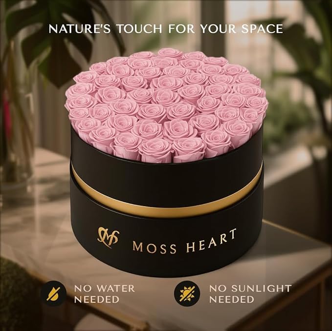 50 Petite Preserved Roses, Designer Round Box, Real Forever Roses Last 1+ Year, Premium Gift for Women, Wife, Girlfriend, Mother’s Day, Birthday, Anniversary, Valentine’s Day