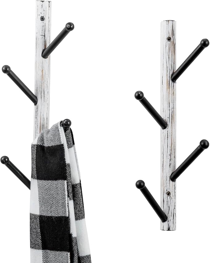 MyGift 4 Hook Wall Mounted Shabby White Washed Solid Wood and Black Metal Hat Coat Hanger Tree, Vertical Entryway Hanging Garment Rack with Branch Style Hooks, Set of 2
