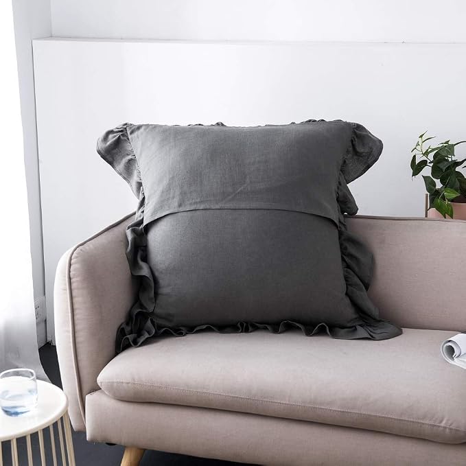 MEADOW PARK Stone Washed French Linen European Pillow Shams, Set of 2 Pieces, 26 inches x 26 inches Square Euro Sham, Super Soft, Ruffles Style, Charcoal Color
