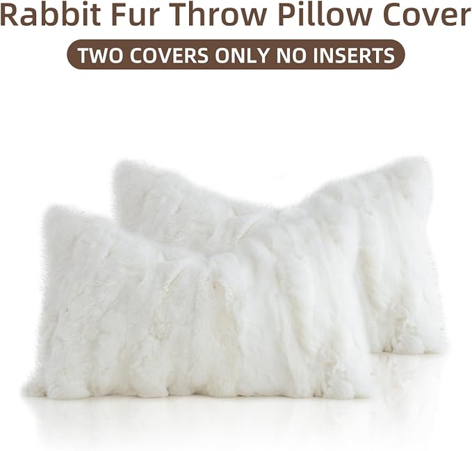 Genuine Rabbit Fur Throw Pillow Covers Set of 2,Luxury Decorative Pillowcases Soft Fluffy Animal Skin Accents Bolster Cushion Cover for Couch Sofa Bedroom Living Room Home,12x20inch,White