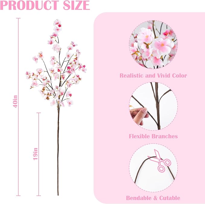 Uieke 24 Pcs Silk Cherry Blossom Branches, 40.5in Artificial Cherry Blossom Flowers Long Stems Fake Flowers Vase Arrangements for Wedding Home Japanese Decor, Pink