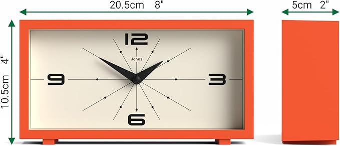 JONES CLOCKS® Odeon Desk Clock | Modern Rectangular Design | Orange | Stylish Retro Look for Shelf, Table, Mantel or Bedside