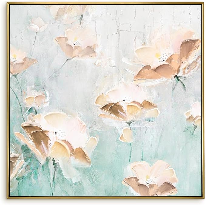 Pinetree Art Floral Canvas Wall Art, 32 x 32 Inches, Gold Frame, Abstract Peach Poppies Painting, Living Room Bedroom Home Office Decor