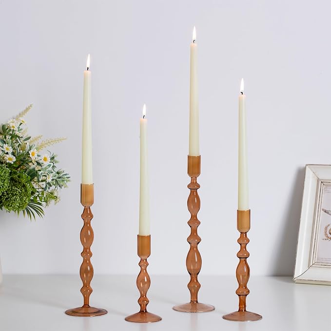 Hewory Glass Candle Holder Set: 4PCS Amber Glass Candlestick Holders Vintage Taper Candle Holders for Candlesticks, Unique Candle Sticks Holder Decor for Table Dinner Festival Events Decorations