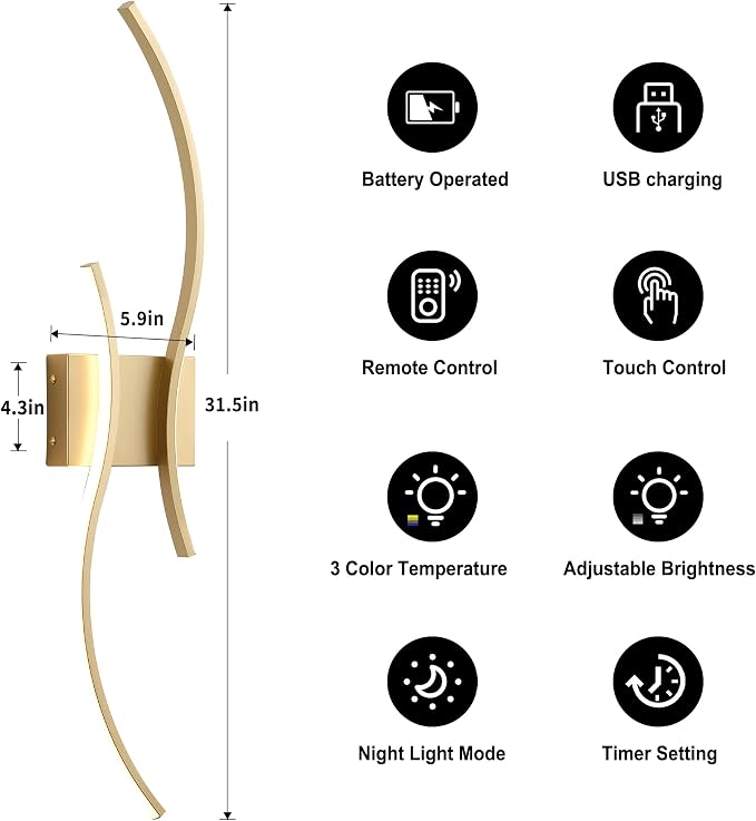 Battery Operated Wall Sconces Set of Two with Remote Control, Battery Wall Light, Stepless Colors 3000K-6000K & Dimming, Brass Rechargeable Wall Sconces for Living Room, Hallway, Bedroom, 31.5 Inch