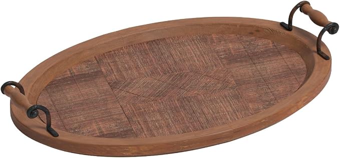 Deco 79 Wood Living Room Decor Tray Large Oval Ottoman Tray with Scroll Metal Handles, Serving Tray 29" x 19" x 4", Brown | Living Room Decor Large Oval Ottoman Tray With Scroll Metal Handles Serving Tray