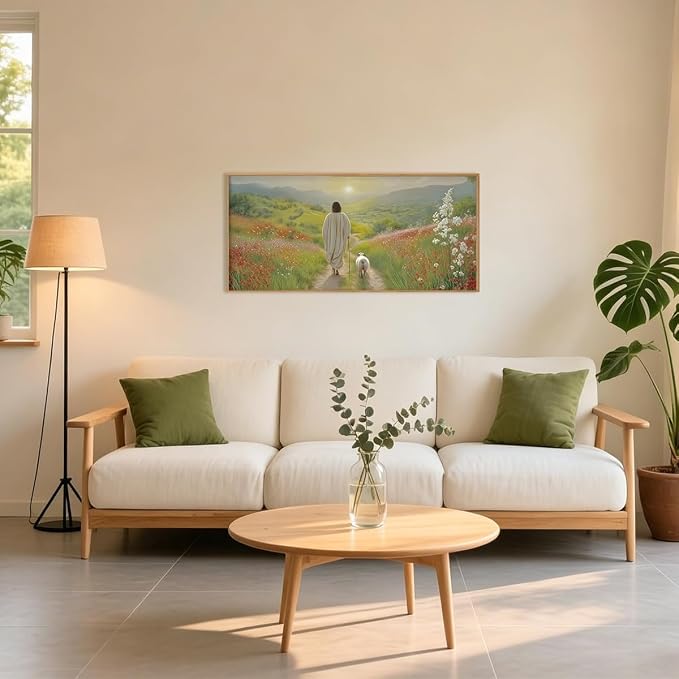 LHIUEM Large Jesus and Lamb Christian Framed Canvas Wall Art,Leaves The 99 Sheep Wall Decor,Mountain Sunset Flower Bible Artwork for Living Room,Bedroom,Dining Room,Office -20''x40''x1