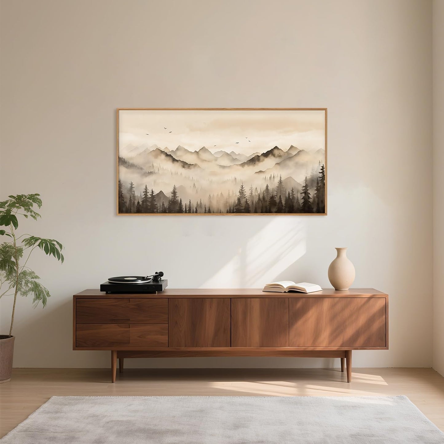 Nature Misty Forest Framed Canvas Wall Art Set, Foggy Landscape Wall Decor, Watercolor Pine Tree Wall Painting, Large Mountains Art Print for Living Room, Bedroom, Office - 20"X40"