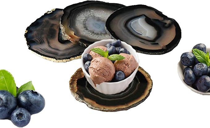 JIC Gem 3.5-4'' Natural Agate Coasters Dyed Black Sliced Geode Polished for Coffee Cup Home Decoration with Rubber Bumpers Home Decoration Set of 4
