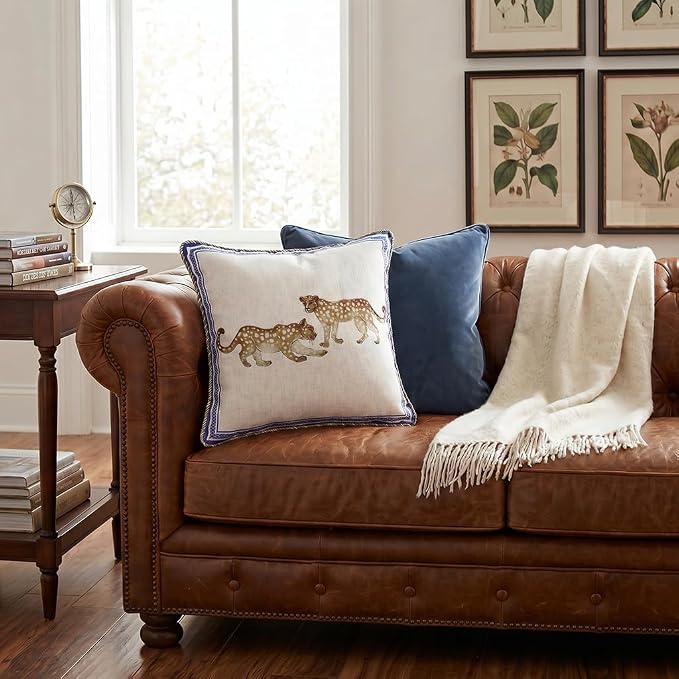 patdrea Designer Vintage Linen Throw Pillow Cover,18"x18",Set of 2-Fromm E | Elegant Decorative Pillow Case with Zipper,Leopard Pattern,Pillow Cover for Couch Living Room Bedroom Sofa