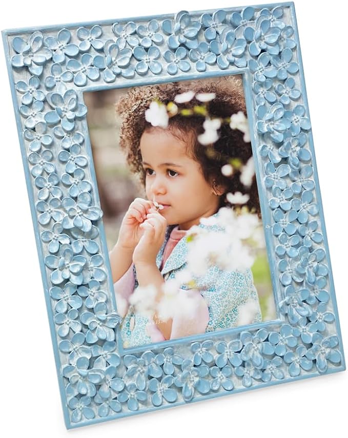 Isaac Jacobs 4x6 Blue Flower Textured Hand-Crafted Resin Picture Frame w/Easel & Hook for Tabletop & Wall Display, Decorative Floral Design Home Décor, Photo Gallery, Art (4x6, Blue)