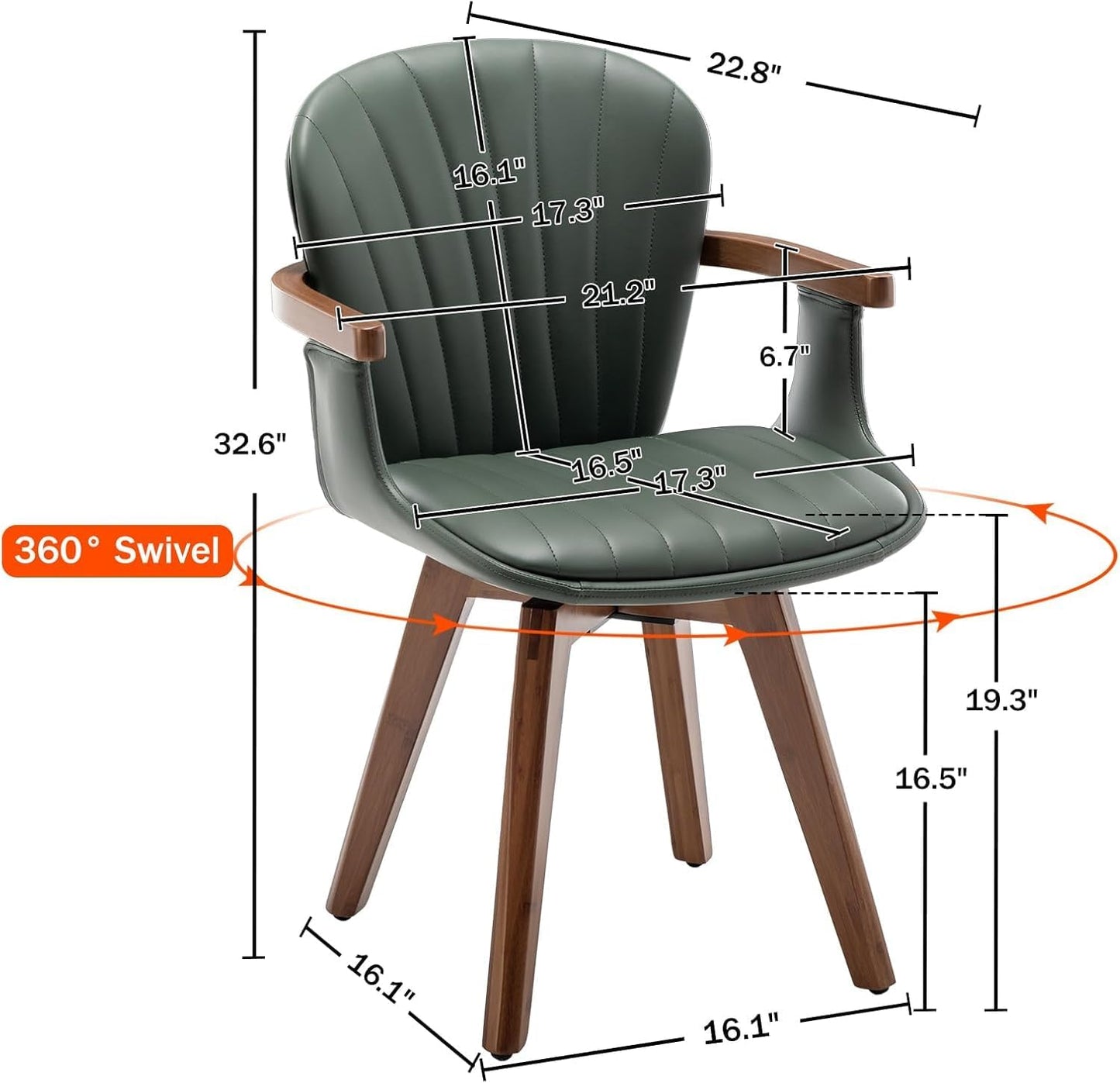 LUNLING Swivel Dining Chairs Set of 4, Mid Century Modern Green Faux Leather Kitchen Chairs with Arms,Bamboo Legs Side Chairs No Wheels,Accent Chair for Dining Rooms and Offices