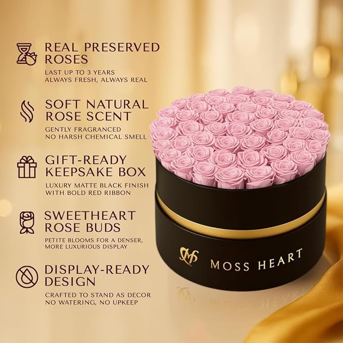 50 Petite Preserved Roses, Designer Round Box, Real Forever Roses Last 1+ Year, Premium Gift for Women, Wife, Girlfriend, Mother’s Day, Birthday, Anniversary, Valentine’s Day