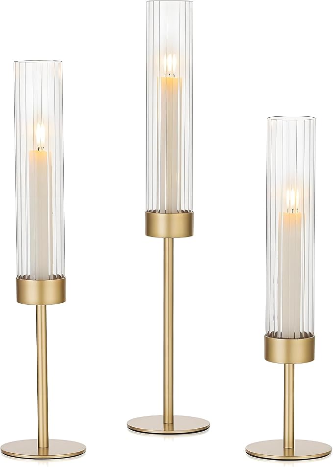 Garvee Gold Hurricane Candle Holders Set of 3, Taper Candlestick Holders with Ribbed Glass Cylinder Sleeves, Elegant Table Centerpiece for Wedding, Birthday, Christmas, Home Decor