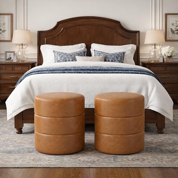 HomePop Upholstered Faux Leather Round Ottoman (No Lid, Seat Only) | HomePop Home Décor | Round Pouf Foot Rest – Camel Brown Faux Leather