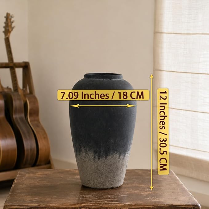 Ceramic Rustic Farmhouse Vase, 12 Inch Black Handmade Pottery Flower Vase for Home Decor, Rustic Living Room Decor, Wedding Gifts, Shelf & Table Decoration