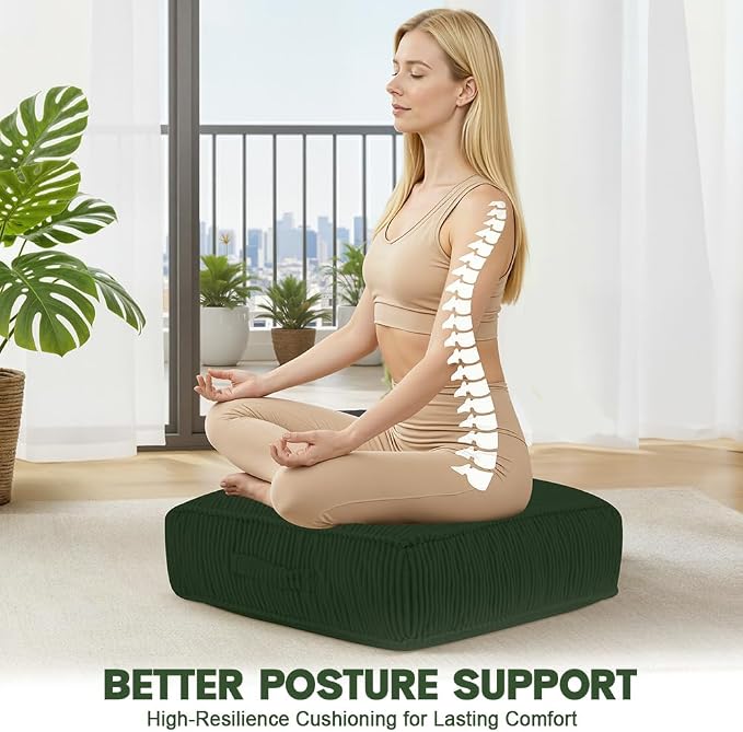 Meditation Floor Pillow Set of 2, 8" Extra Thick Floor Cushion for Sitting with Washable Cover, Large Corduroy Meditation Pillow, 22 inches Tatami Seat with Handle for Yoga Pillow, Green