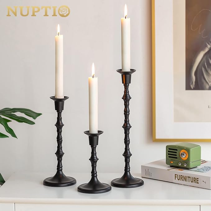 NUPTIO Candle Stick Holders for Centerpeice: Set of 6 Matte Black Taper Candlestick Holders - Bulk Antique Tall Candleholder for Easter Shabbat Table Fireplace Decor
