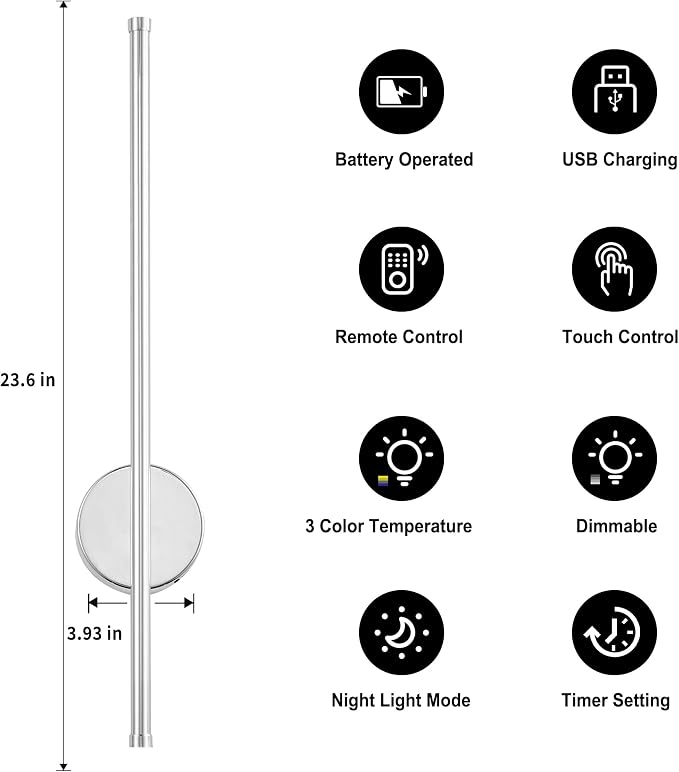 Battery Operated Modern Wall Sconces, Dimmable Wireless Wall Light Set of Two with Remote Control, 3 Color Temperatures, Rechargeable LED Wall Sconce for Bedroom, Living Room, Hallway 23.6 Inch Chrome