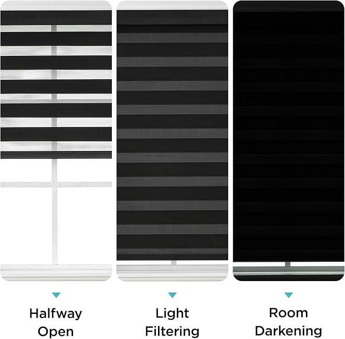 Joydeco Cordless Zebra Blinds (Pro), Dual Layer Light Control Zebra Blinds for Windows, Light-Proof Aluminum Cover, Free-Stop Roller Shades for Home & Office (Black, 58" W x 75" H)