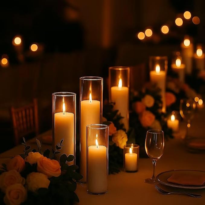 Set of 24 White Pillar Candles with Clear Glass Hurricane Holders- Elegant Cylinder Candle Vases for Weddings, Parties, Centerpieces, Home & Office Decor (White, 24 Set)