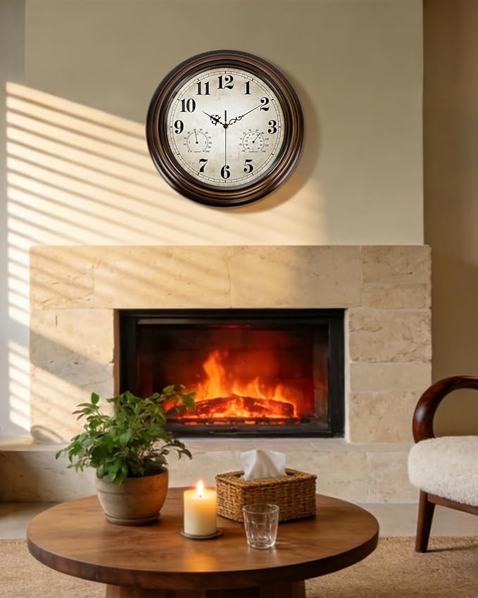 Vintage Wall Clock 13 Inch Quartz Silent Non-Ticking Analog Clock with Thermometer and Hygrometer, Battery Operated Rustic Round Decorative Clock for Living Room Kitchen Home Office