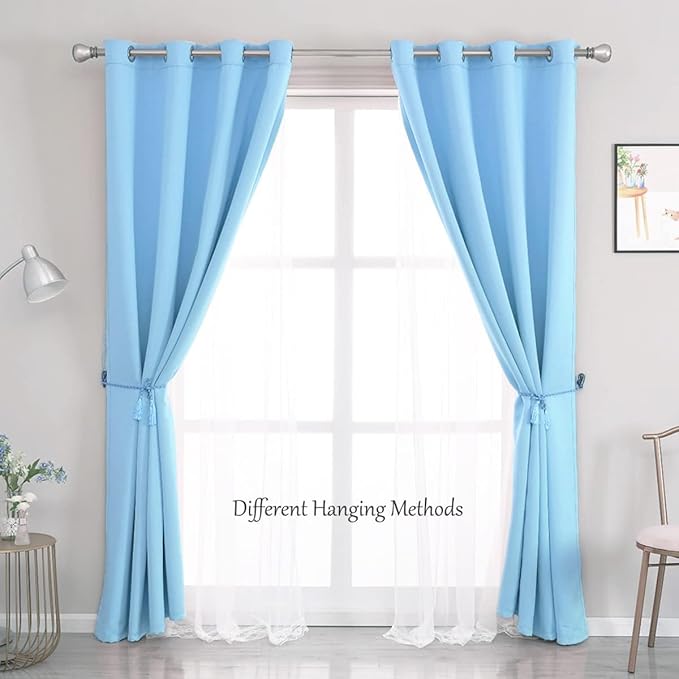 Extra Long Light Blue Blackout Double Layers Curtains Set, Mix & Match Elegance Blue with White Crushed Voile Drapes for Living Room with tie-backs, Nursery, Kids' room, Bedroom, 52'' x108''