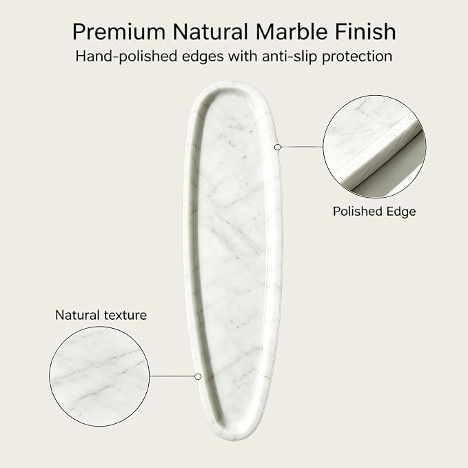 Natural Marble Vanity Tray, 16.6"x4.6" White Real Stone Decorative Tray for Bathroom Countertop & Home Decor, Catchall Organizer for Jewelry, Candles, Cosmetics & Perfume（White）